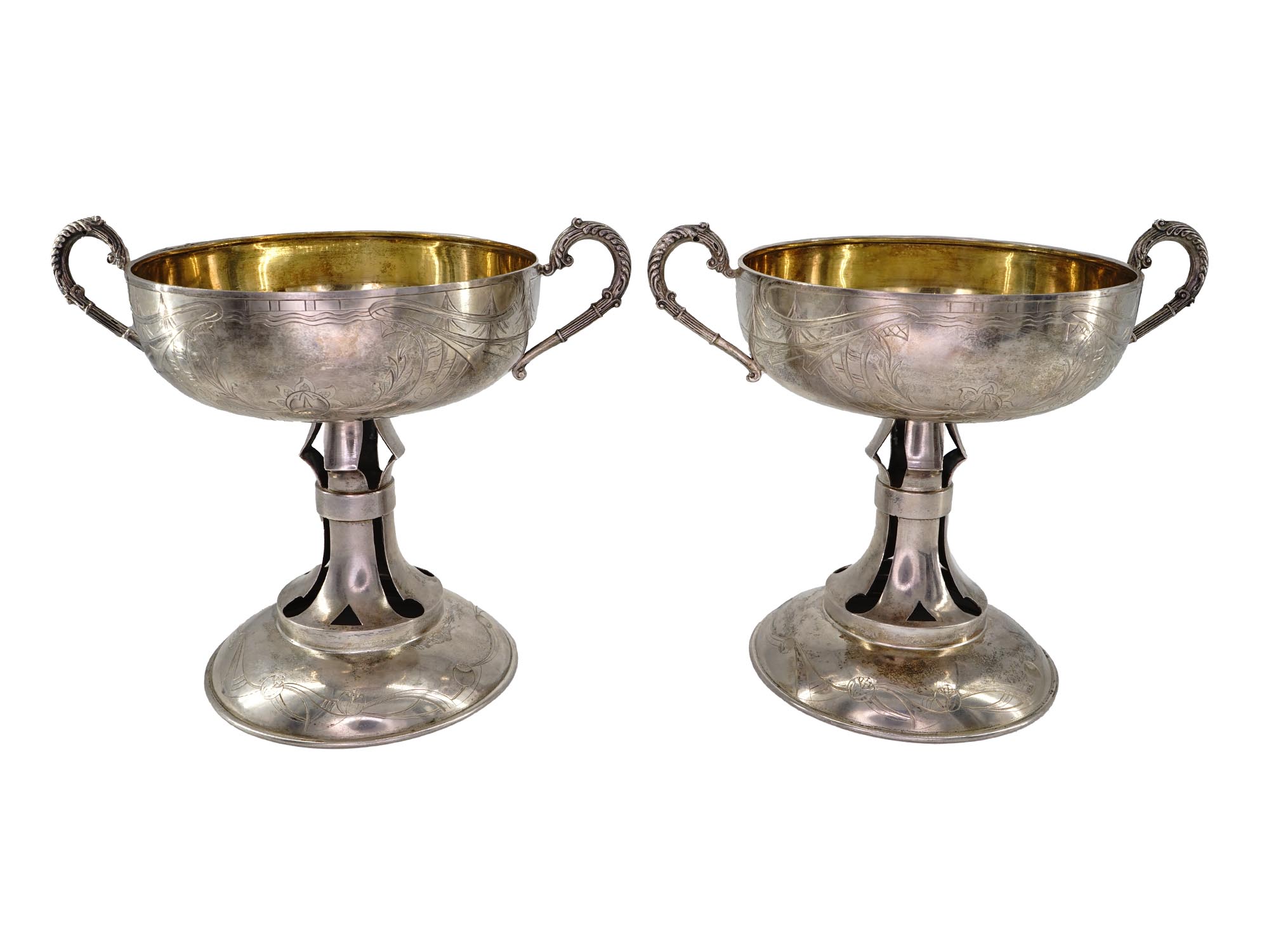 ANTIQUE RUSSIAN GILT SILVER FOOTED CANDY BOWLS PIC-0